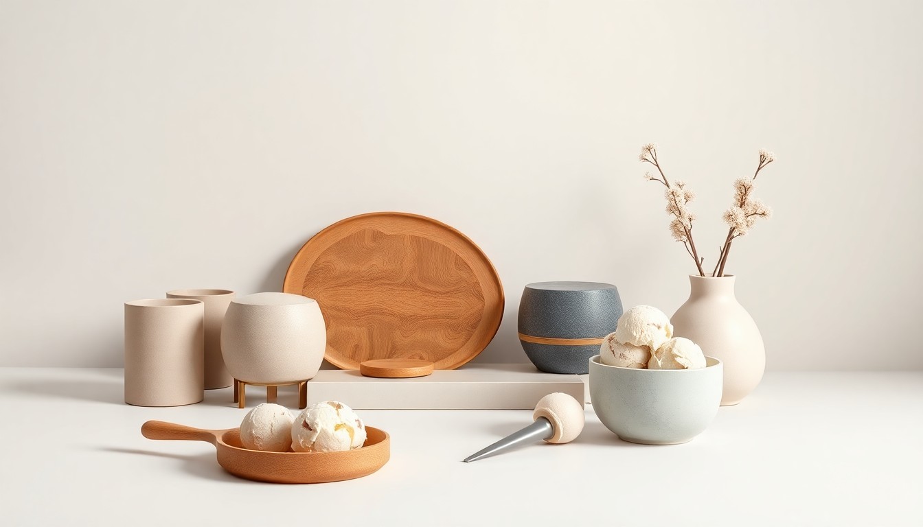 A minimalist studio still life featuring a selection of stylized home decor items and ice cream scoops arranged on a clean, monochromatic background, conceptually representing the new businesses opening on Jefferson Street.