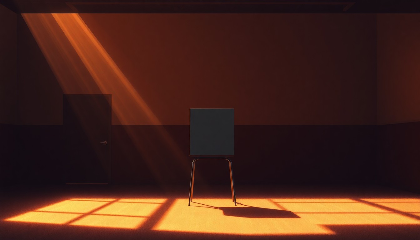 A dimly lit, cinematic painting of a lone voting booth in a community center, with warm sunlight streaming in through a window and casting deep shadows across the scene, conveying the solemn and important nature of the local mayoral election.