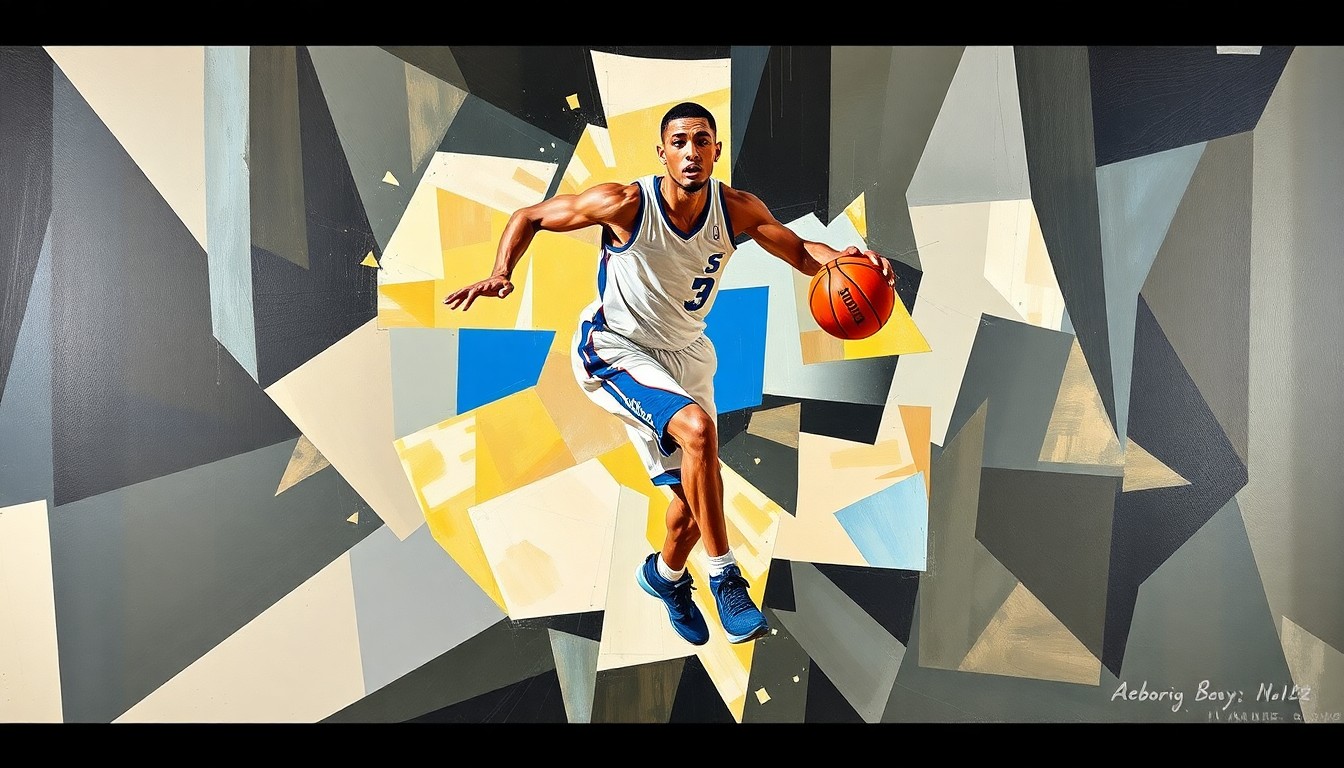 A fragmented, geometric painting depicting a basketball player in motion, with sharp, overlapping planes of color and form that convey the dynamic energy of the sport.