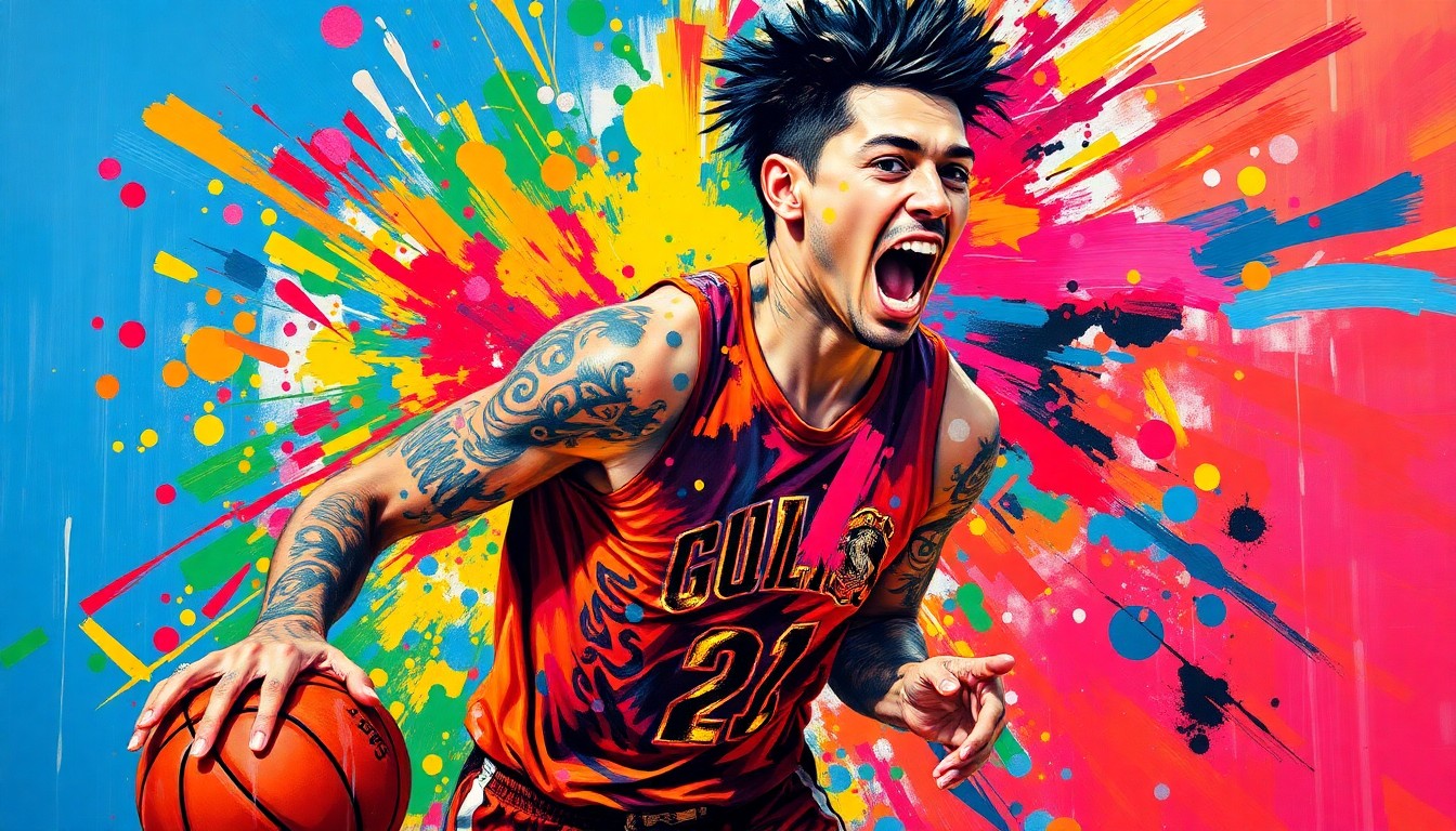 An abstract, energetic painting featuring bold, neon brushstrokes that capture the movement and dynamism of a basketball player, with their tattoos blending into the vibrant composition.