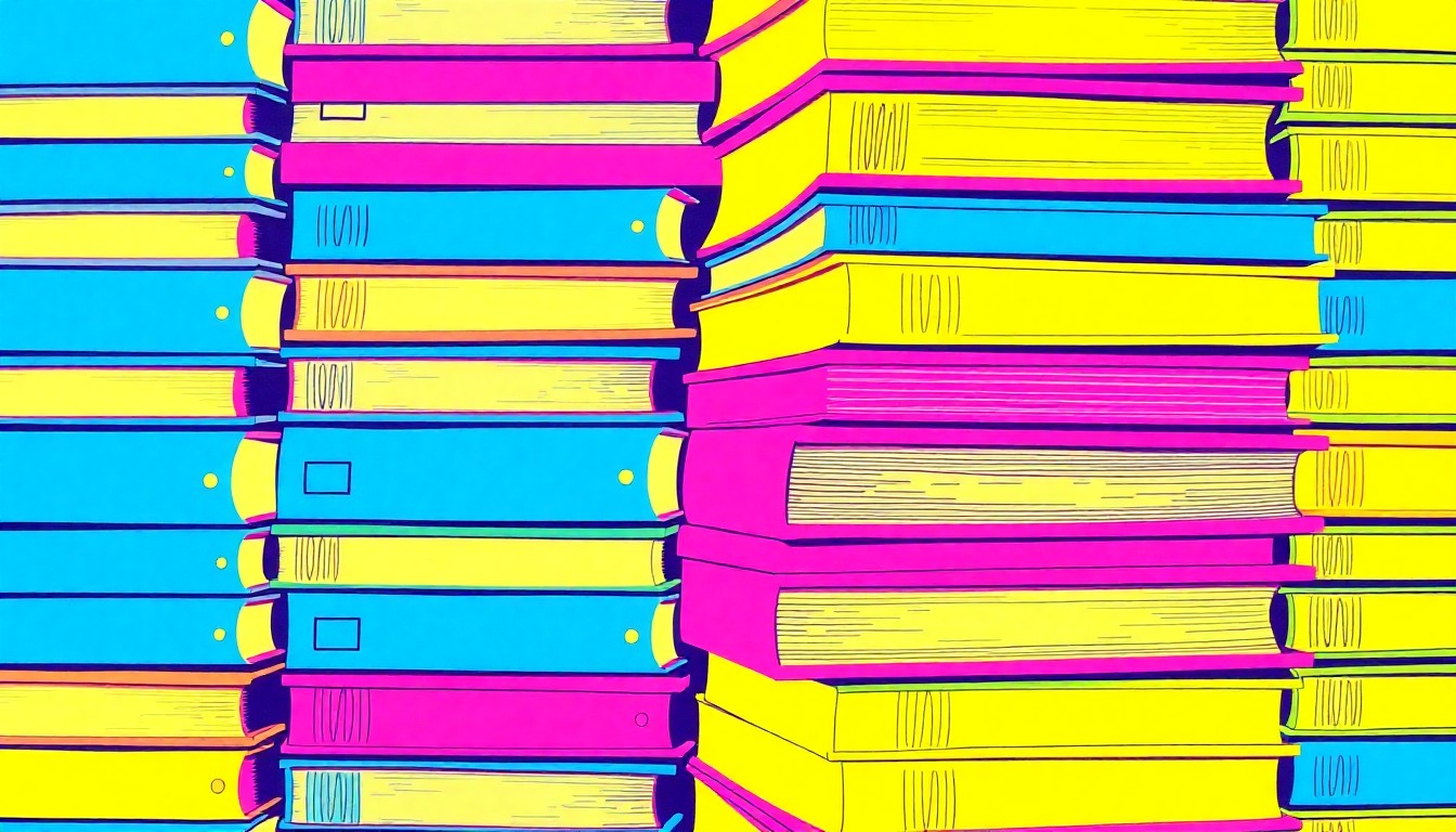 A bold, graphic grid of stylized school textbooks in neon blue, pink, and yellow, conveying the resilience and continuity of a local education system.