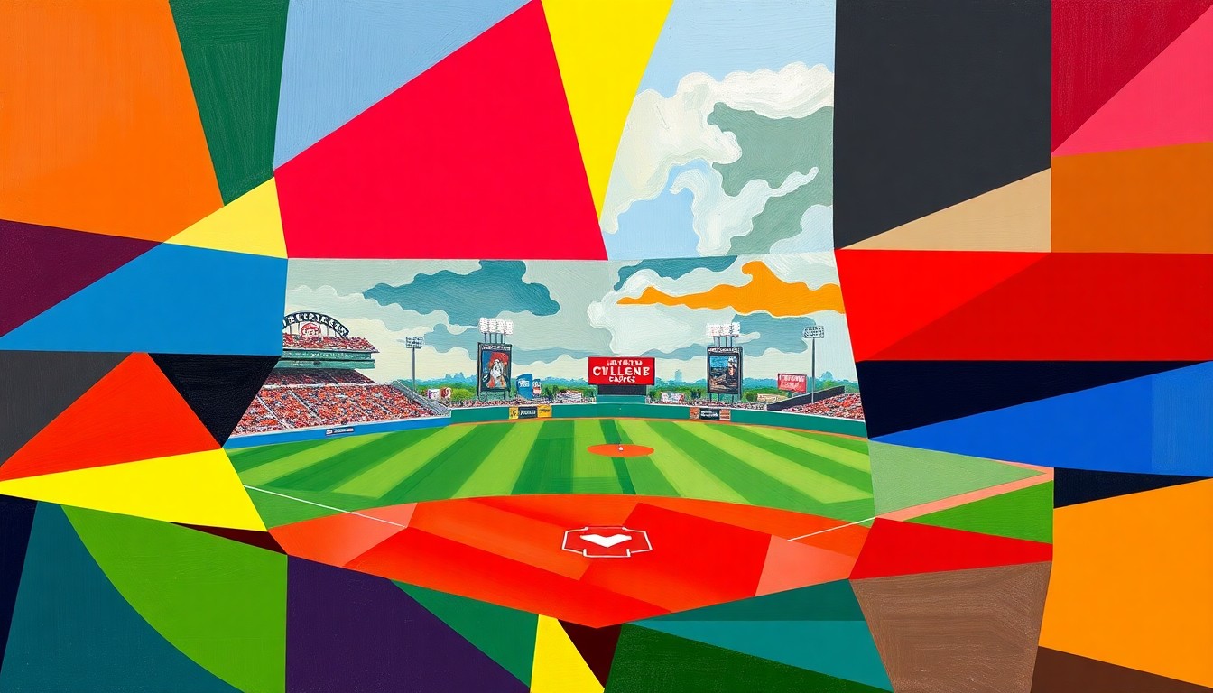 A cubist, geometric painting depicting the action of a baseball game, with sharp, overlapping planes of color representing the two teams in motion.