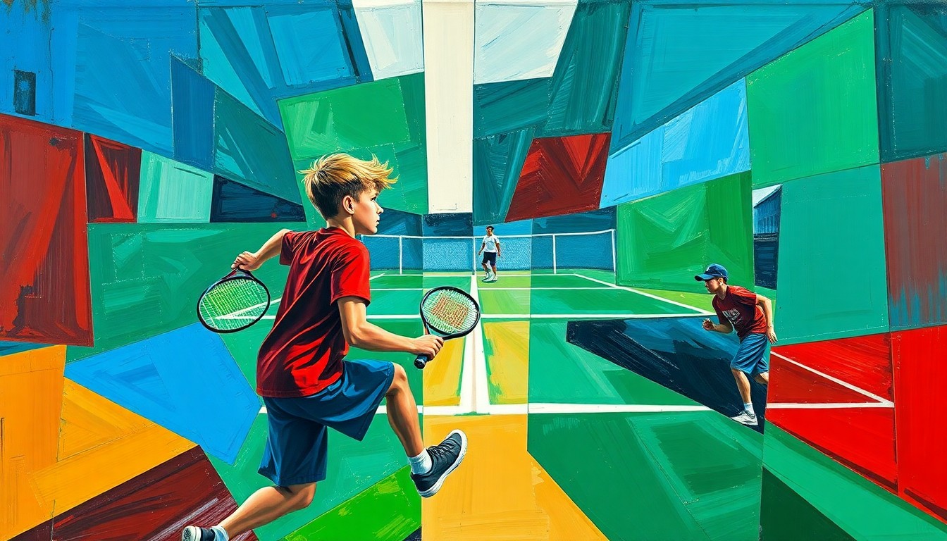 A cubist, geometric painting depicting fragmented, overlapping scenes of a boys tennis match and track and field events, using vibrant colors to capture the energy and movement of the competitions.