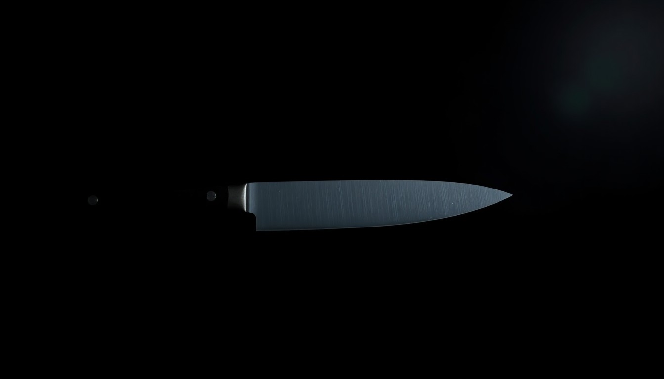 An extreme close-up photograph of a single knife blade against a pitch-black background, lit by a harsh, direct camera flash, conceptually representing the physical evidence of an alleged domestic violence incident.