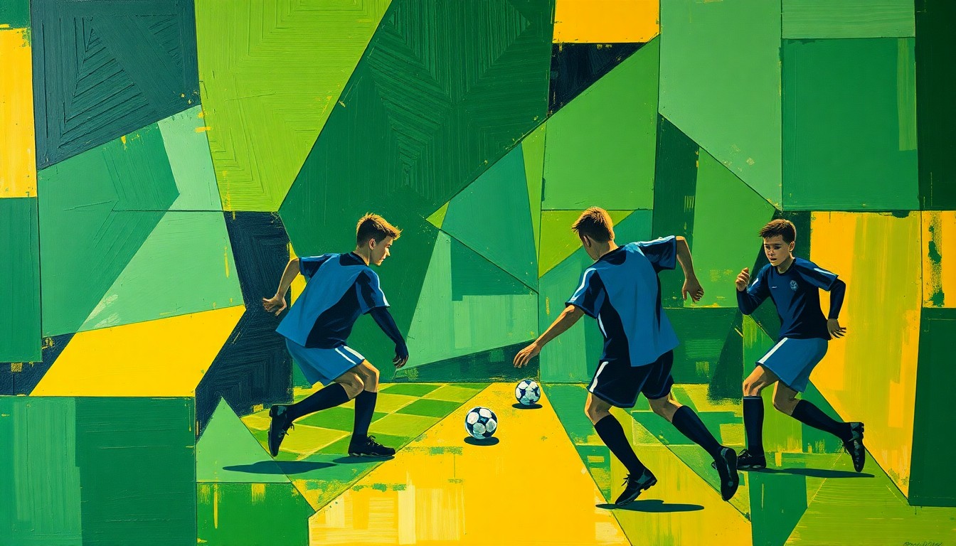 A fragmented, cubist-style painting depicting the dynamic movements and competing perspectives of a boys soccer match, with sharp planes of green, blue, and yellow hues.