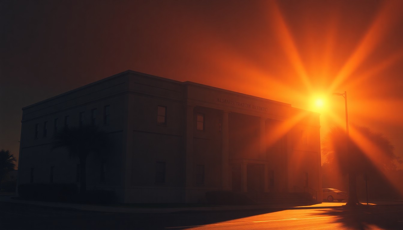 A photorealistic painting of the exterior of a government building in warm, golden light, with deep shadows and a sense of solitude, conveying the quiet civic importance of local government.