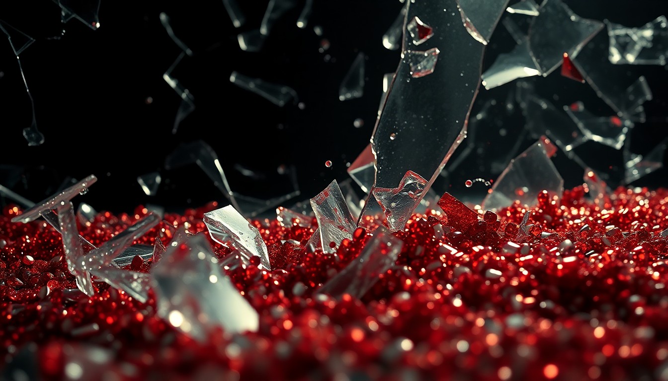 An abstract close-up image featuring shards of shattered glass and glittering sequins, captured in dramatic high-contrast studio lighting to evoke the luxurious yet unsettling aesthetic of the dystopian world of Gilead.
