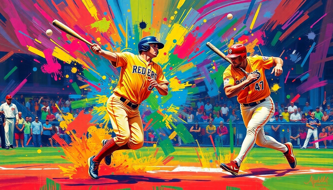 An abstract, expressionist painting in vibrant neon colors, with rapid brushstrokes capturing the raw energy and athleticism of a college baseball game.