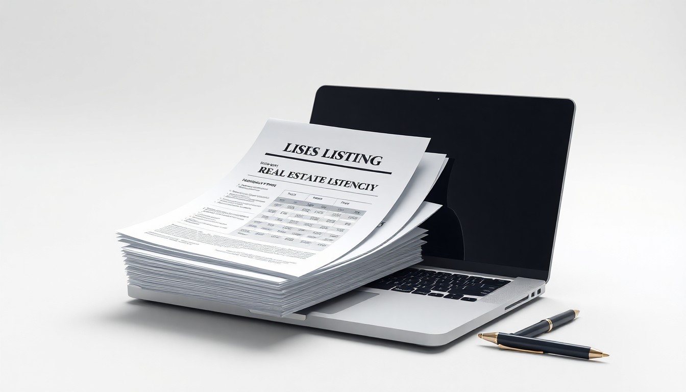 A photorealistic studio still-life photograph featuring a stack of real estate listing documents, a laptop, and a pen arranged elegantly on a clean, white background, conceptually representing the high-quality data, technology, and business strategy that has earned Hive MLS top industry honors.