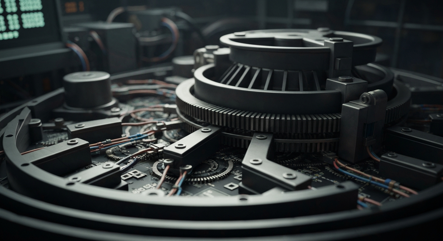 A close-up, cinematic image of the intricate machinery and technology that powers the automated trading system of a cryptocurrency trading platform, conveying a sense of the complex financial infrastructure behind the app with a heavy, industrial aesthetic.