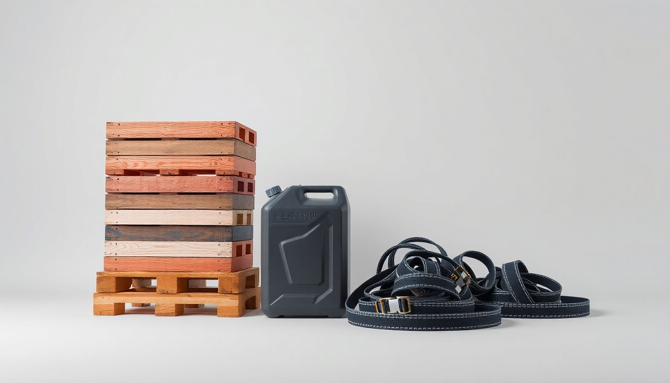 A minimalist studio still life photograph featuring a stack of shipping pallets, a fuel canister, and cargo straps, conceptually representing the impact of rising fuel costs on the freight industry.