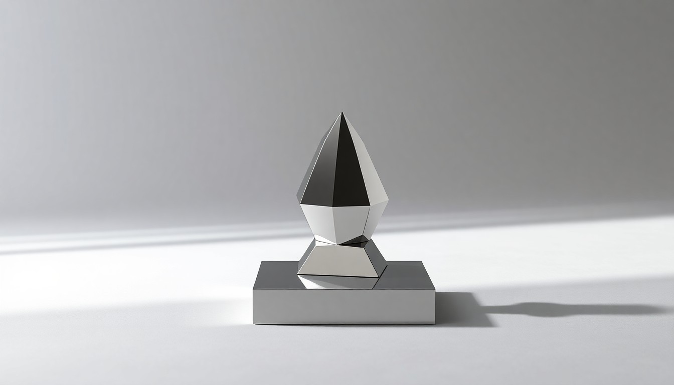 A highly polished, geometric metal object resembling a paperweight or trophy, arranged elegantly on a clean, monochromatic background, conveying a sense of corporate strategy and market opportunity through dramatic studio lighting and shadows.
