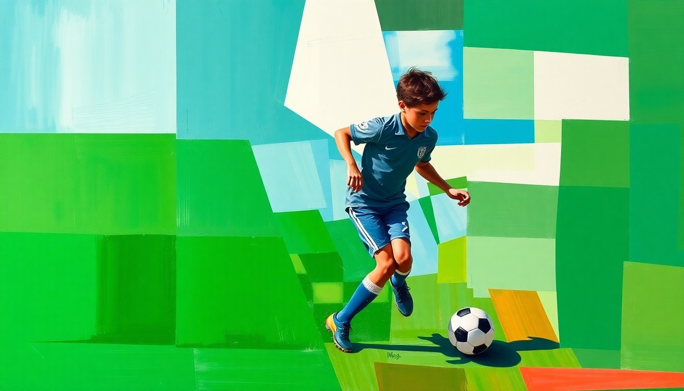 A cubist-style painting depicting a soccer player in motion, with their body fragmented into sharp, overlapping geometric shapes in shades of green, blue, and white, conveying the energy and skill of the young athlete.
