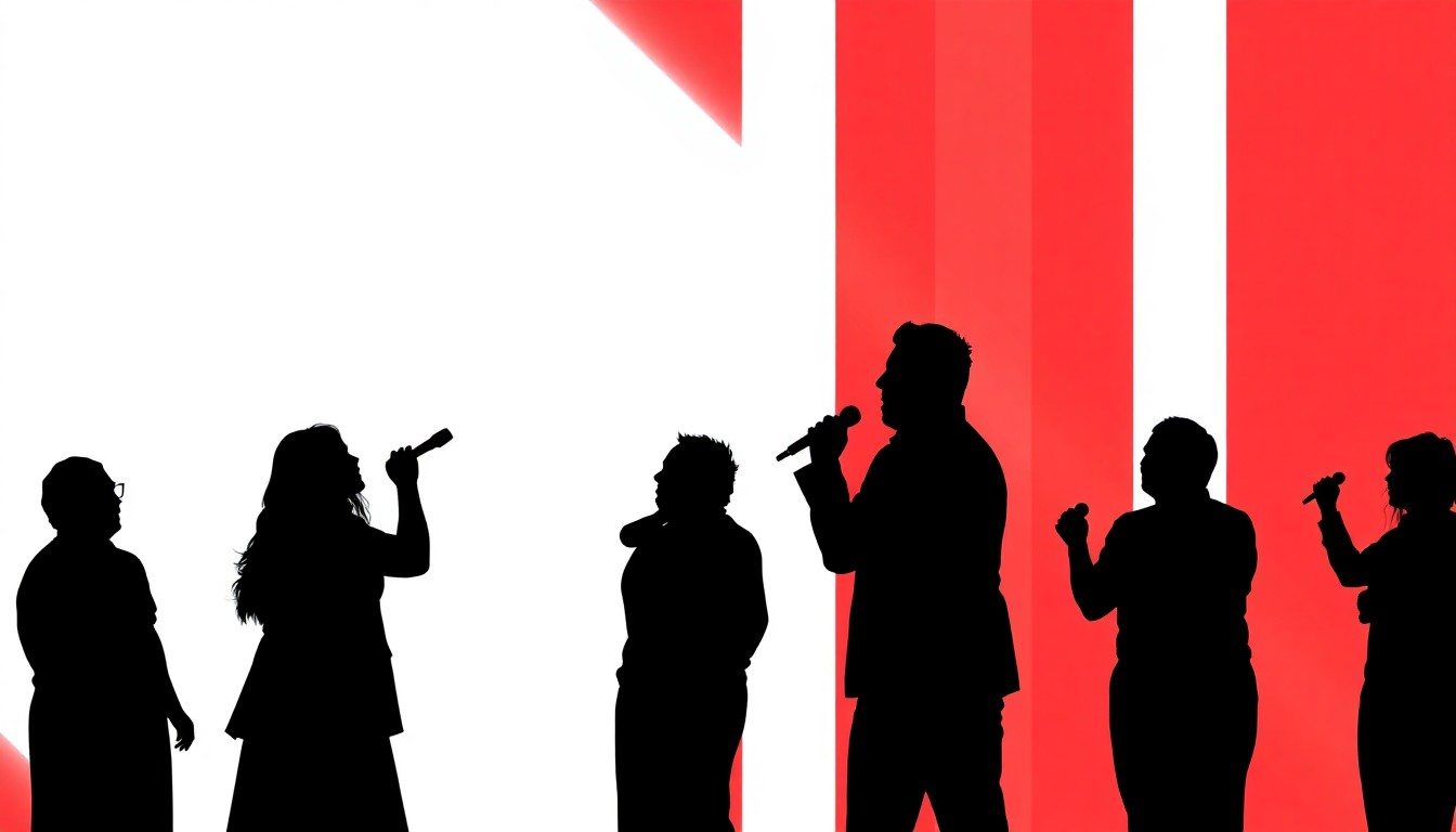A minimalist, graphic illustration featuring bold black silhouettes and high-contrast solid colors like red and white, capturing the dramatic tension and competition of a singing reality TV show.