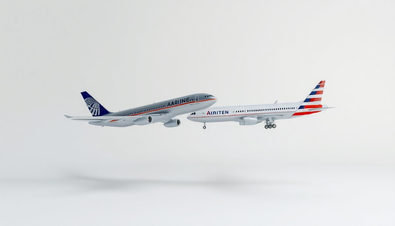 A minimalist, photorealistic studio still life featuring a pair of premium, polished metal airplane models in contrasting colors, symbolizing the proposed merger between United and American Airlines.