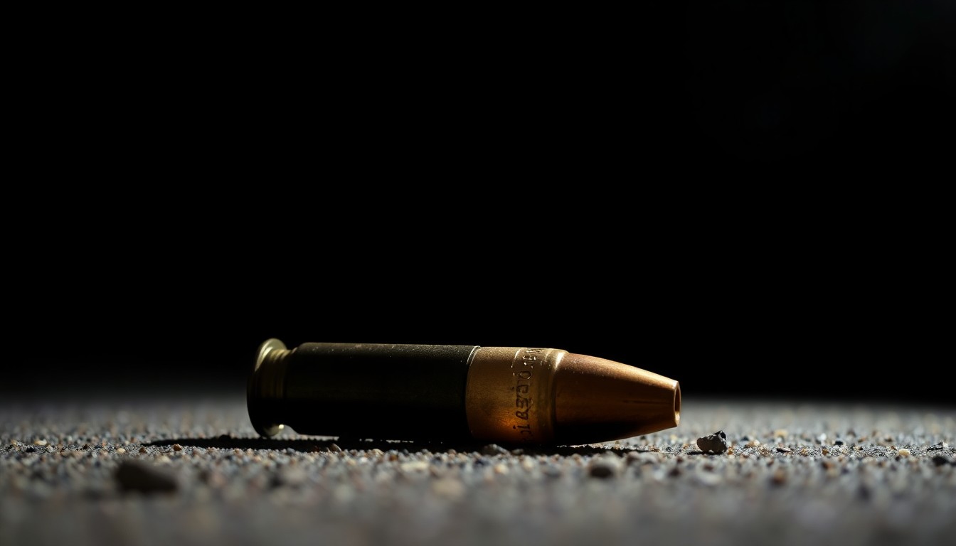 An extreme close-up of a spent shell casing on the ground, creating a stark, gritty, investigative aesthetic through the use of harsh, direct flash photography.