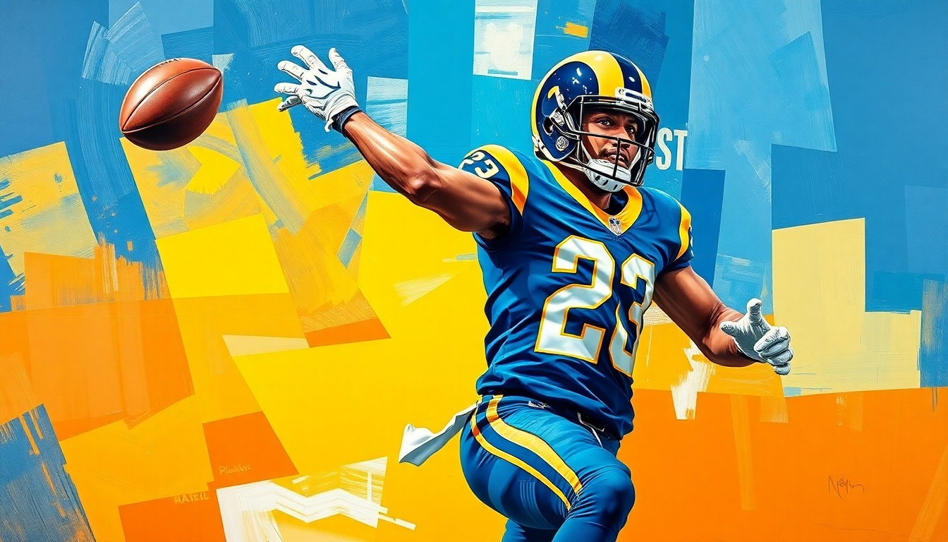 A fractured, cubist-style painting depicting a wide receiver making a catch, with sharp geometric shapes and planes in the Rams' team colors of deep blue, bright yellow, and metallic silver.