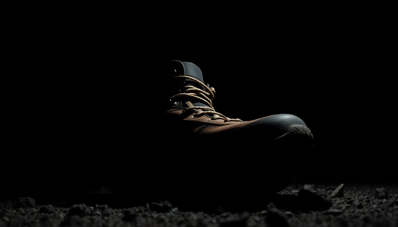 An extreme close-up photograph of a hiking boot or piece of outdoor equipment, lit by a harsh flash against a dark background, conveying a sense of mystery and investigation surrounding the suspicious death in the wilderness.
