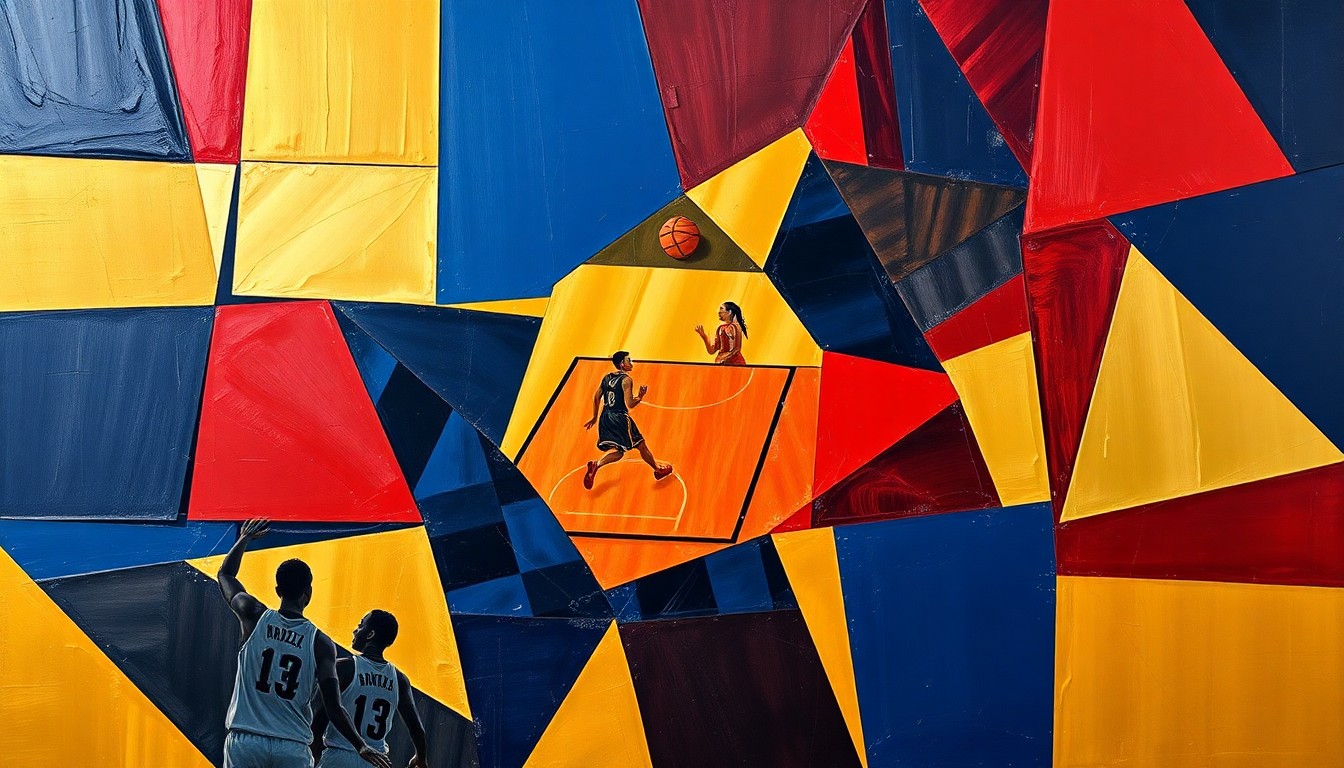 A cubist, geometric painting depicting the fragmented action of a women's basketball game, with sharp planes of navy, red, and gold representing the Cardinals' continued dominance.