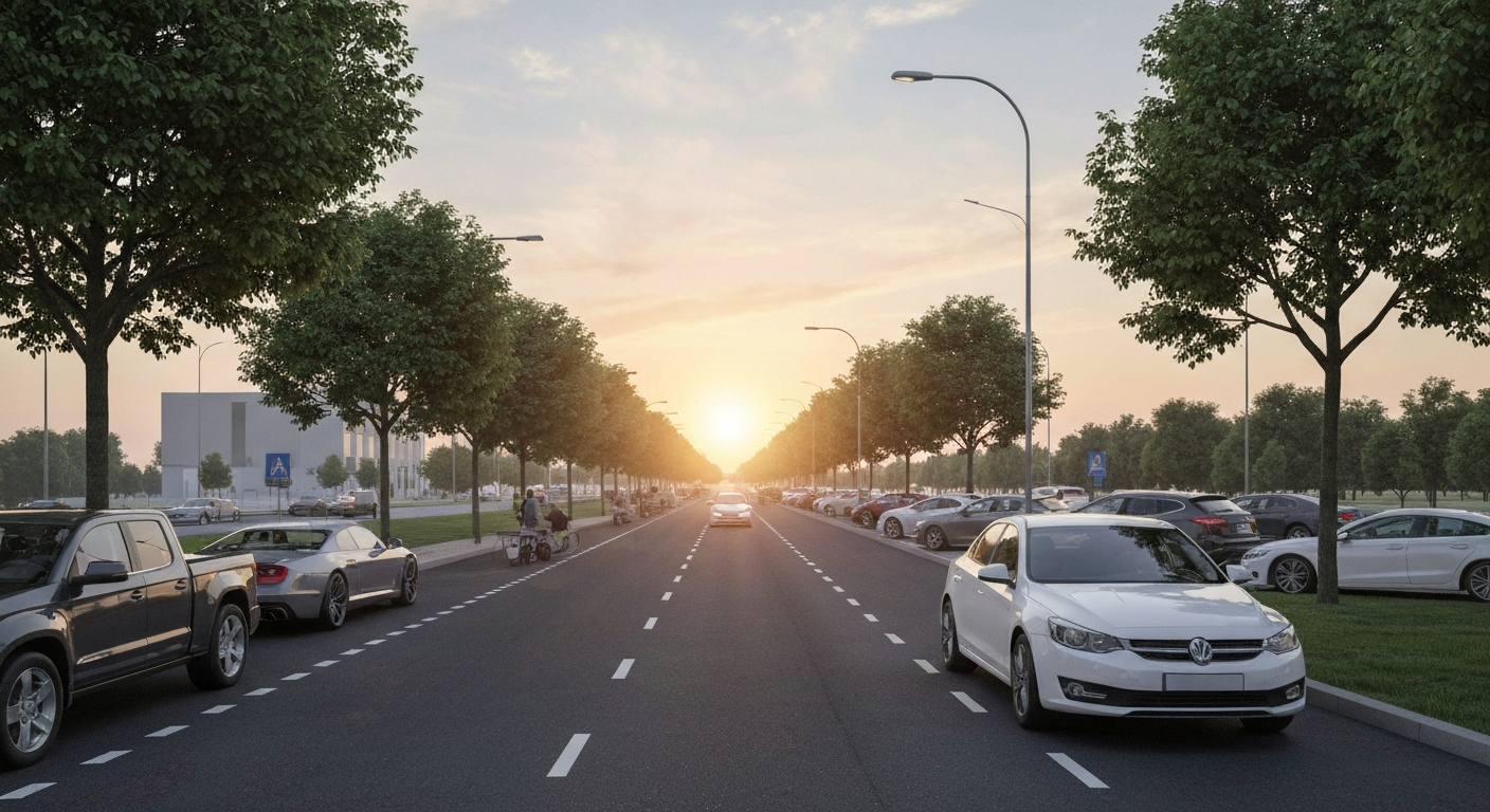 An abstract, blurred image of a roundabout intersection with cars in motion, conveying a sense of speed and modern engineering.
