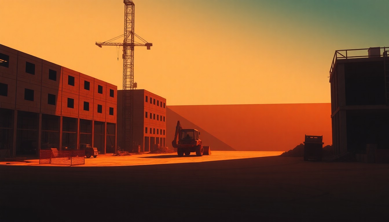A serene, cinematic painting of an empty construction site with a lone backhoe in the foreground, the scene bathed in warm, diagonal sunlight and deep shadows, conceptually illustrating the tension between development and environmental conservation.