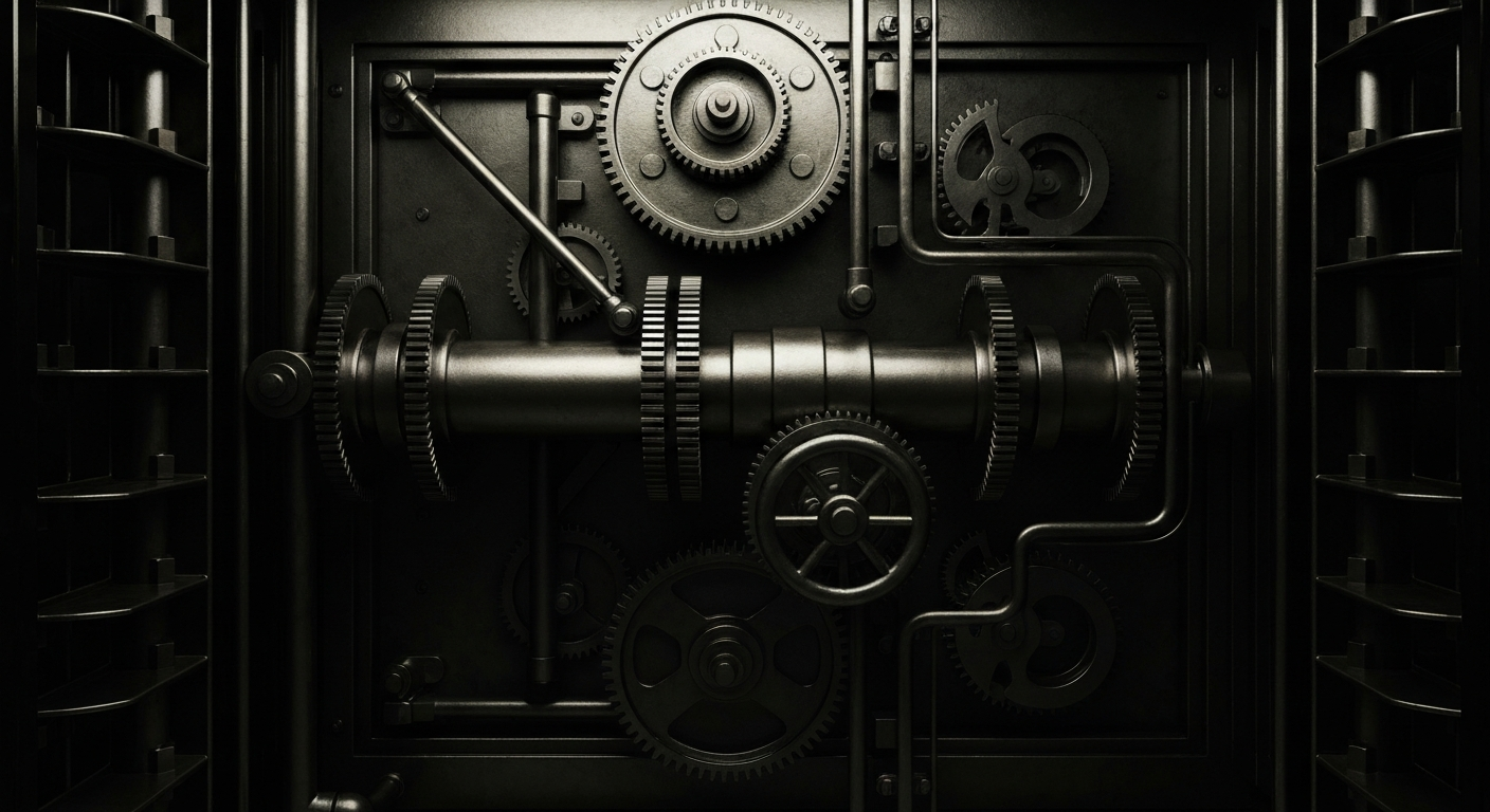 An extreme close-up of the gears, levers, and mechanisms of a large, industrial banking vault, bathed in deep shadows and harsh highlights, conceptually representing the complex financial infrastructure of collateralized loan obligations.