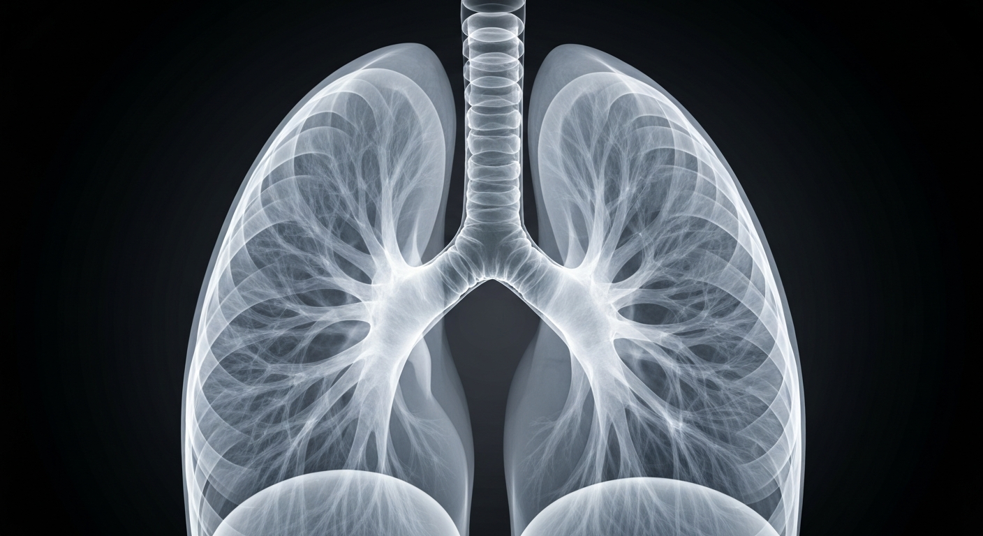 A ghostly, translucent X-ray image revealing the intricate internal structures of a human lung, glowing against a dark background, conceptually illustrating the complex biological mechanisms underlying respiratory conditions.