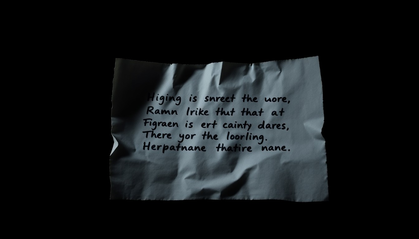 An extreme close-up photograph of a crumpled piece of paper with handwritten text, capturing the stark, gritty, and investigative nature of this crime-related incident.