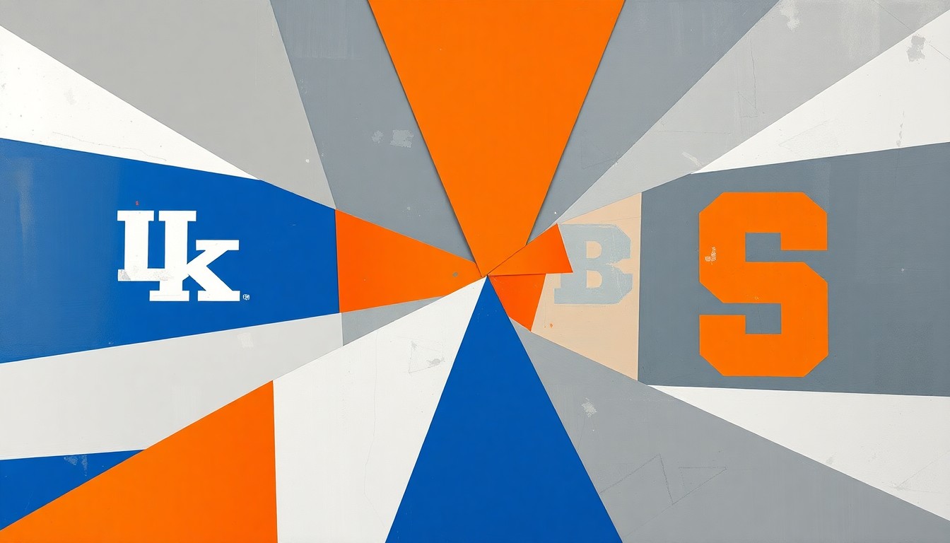 A fragmented, geometric painting depicting the dynamic movements and competing forces of a basketball game, rendered in a cubist style with sharp angles and overlapping planes of color.