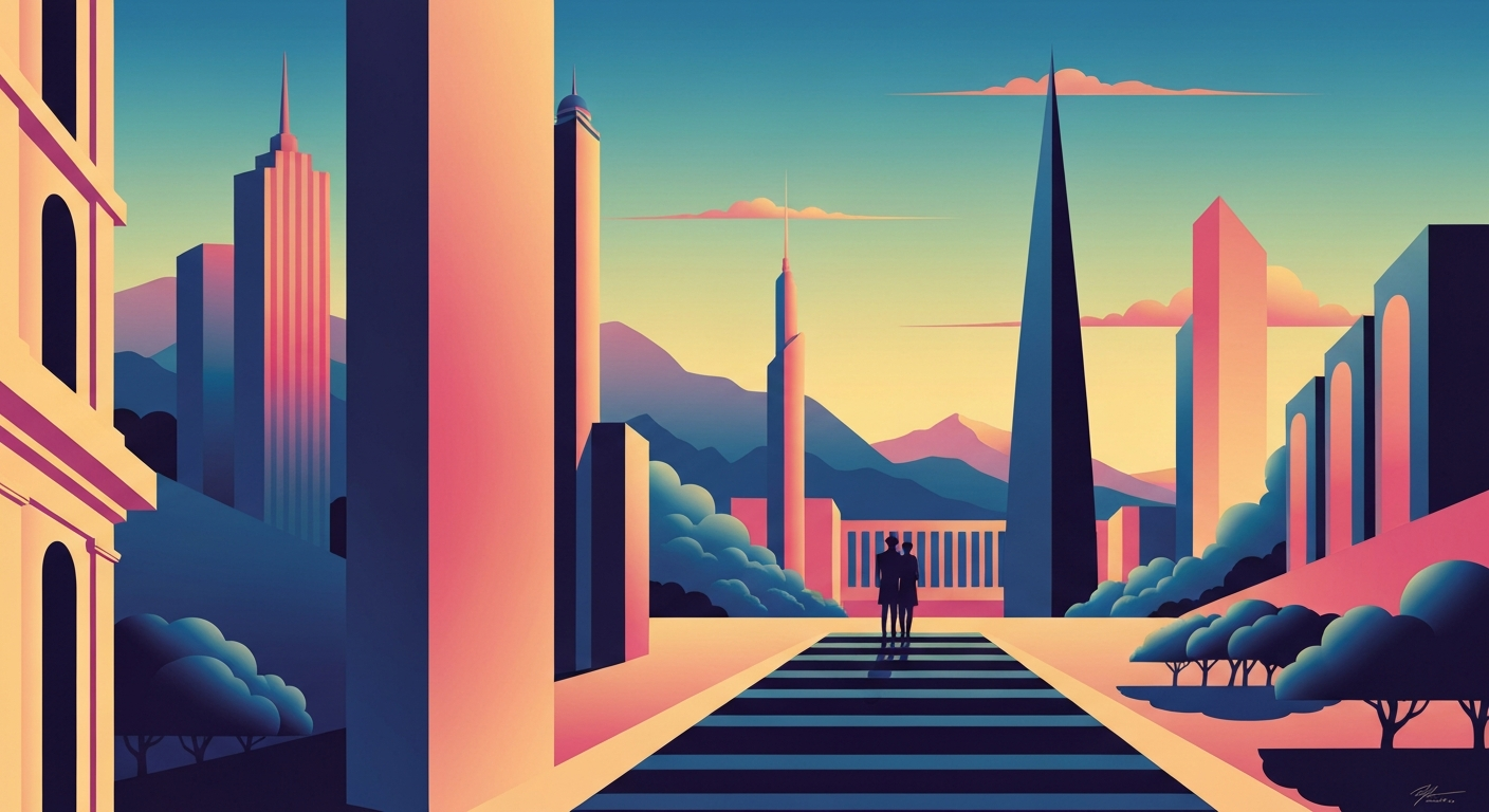 A conceptual illustration in the Art Deco Monumentalist style, featuring sweeping geometric forms and gradients evoking the grand scale and romance of travel across Asia.
