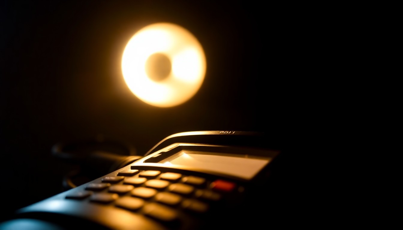 An extreme close-up photograph of a police radio or other law enforcement equipment, lit by a harsh, direct camera flash against a pitch-black background, creating a stark, gritty, investigative aesthetic.