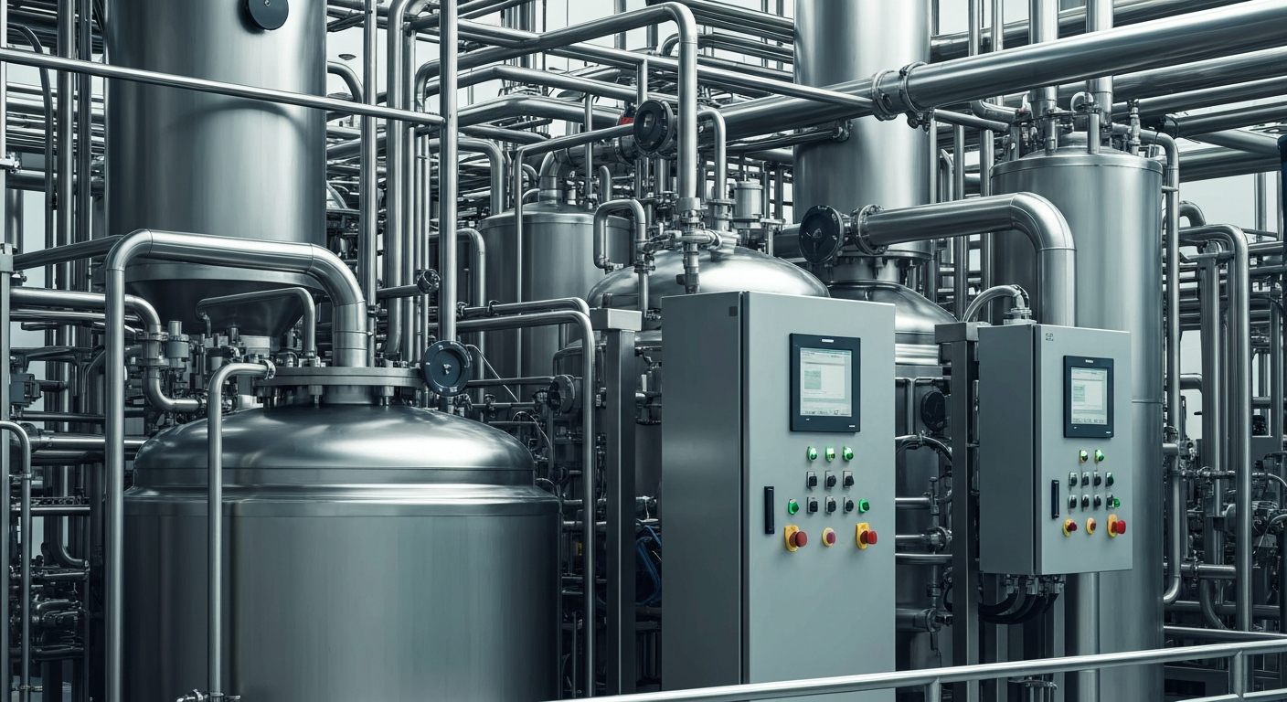 An extreme close-up of large, industrial pharmaceutical manufacturing equipment, including stainless steel vats, pipes, and control panels, conveying a sense of the scale and precision behind the company's drug production.