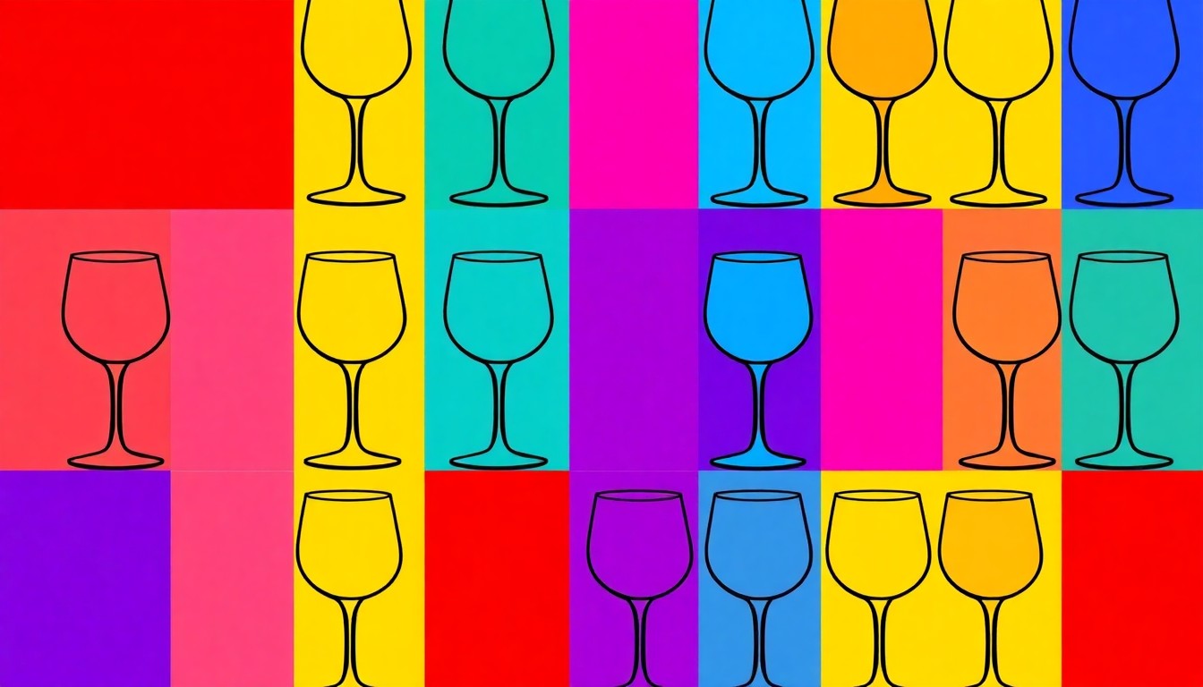 A brightly colored, high-contrast silkscreen print of a wine glass repeated in a tight grid pattern, capturing the celebratory and artistic nature of the wine takeover event at Salazar restaurant.