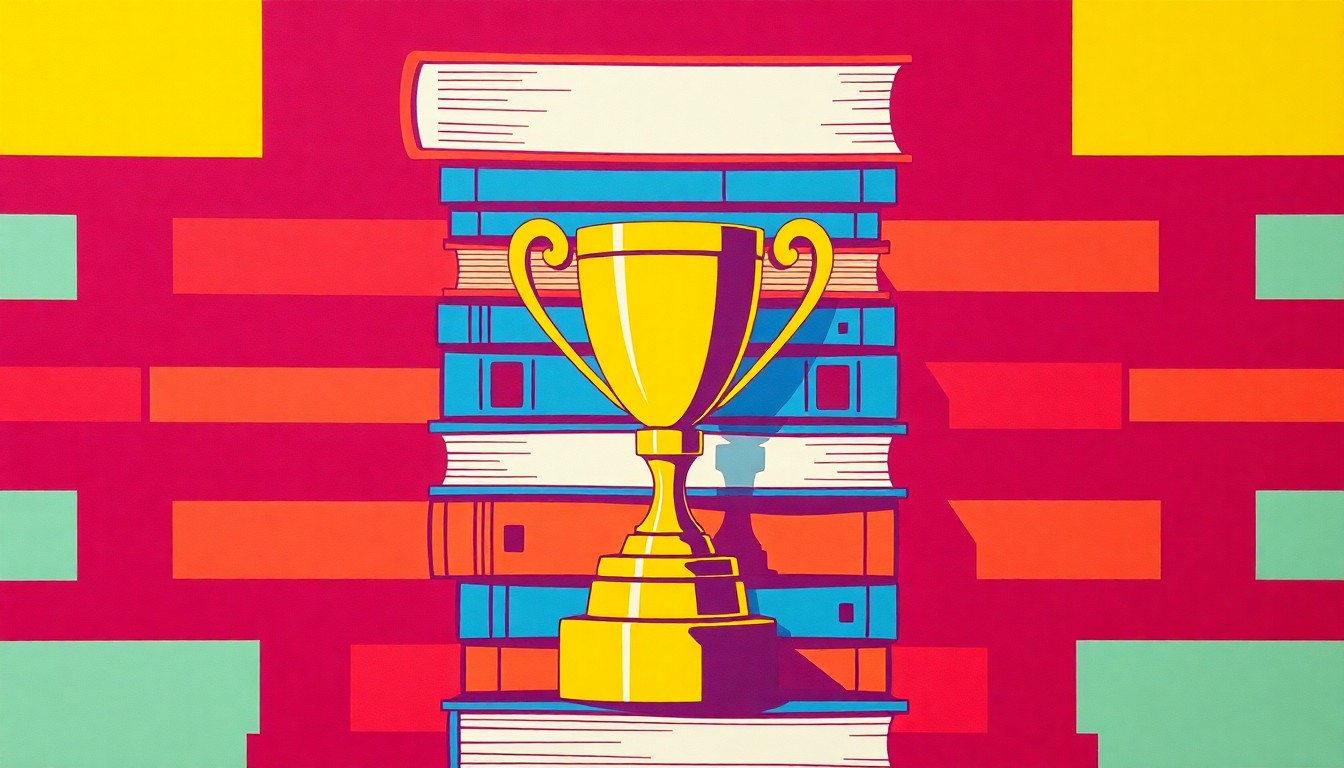A vibrant, pop art-style grid of stylized icons representing academic achievements, such as books or trophies, conveying the celebratory mood of the Harmony students' success.