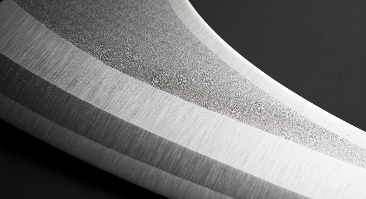 An extreme close-up of the pebbled, textured surface of a helicopter rotor blade, the dramatic lighting revealing the intricate patterns and materials that make up this critical component of the aircraft.