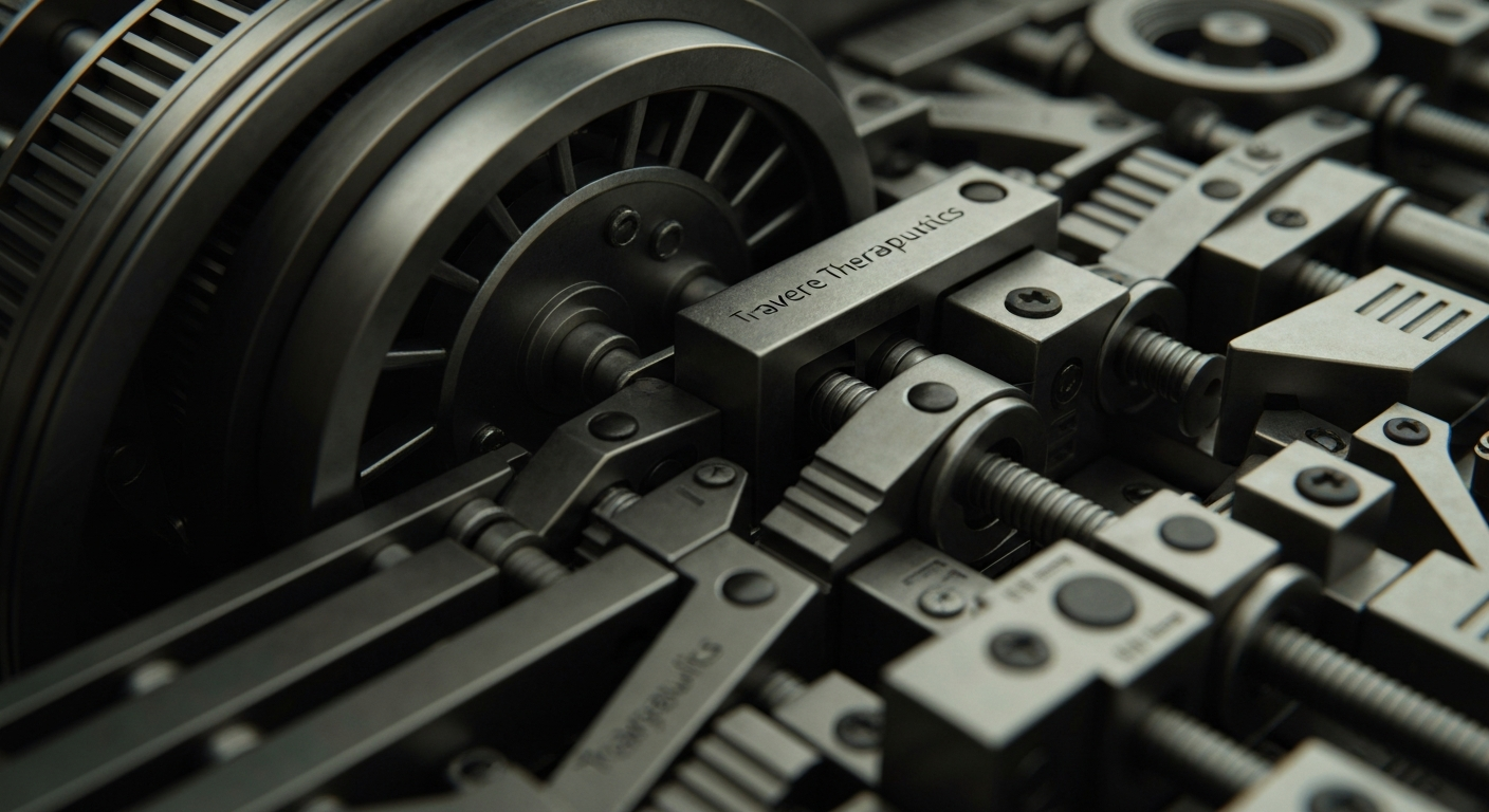 A highly detailed, black-and-white close-up image of complex banking machinery and mechanical components, conveying the institutional power and financial infrastructure behind Travere Therapeutics' rare disease drug pipeline.