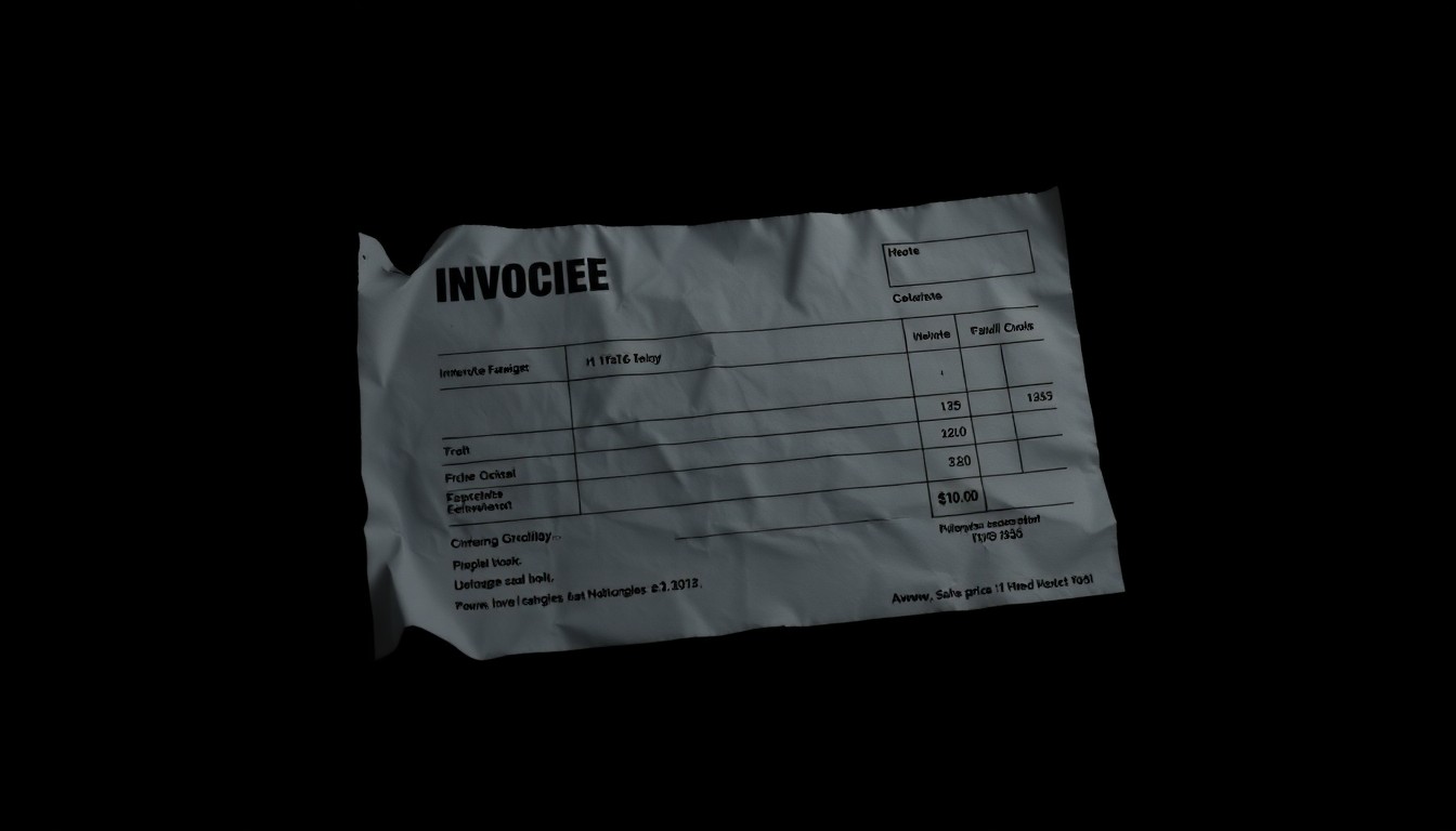 An extreme close-up photograph of a crumpled, altered invoice with a harsh, direct camera flash, conceptually illustrating the forensic evidence at the center of the High Museum embezzlement case.