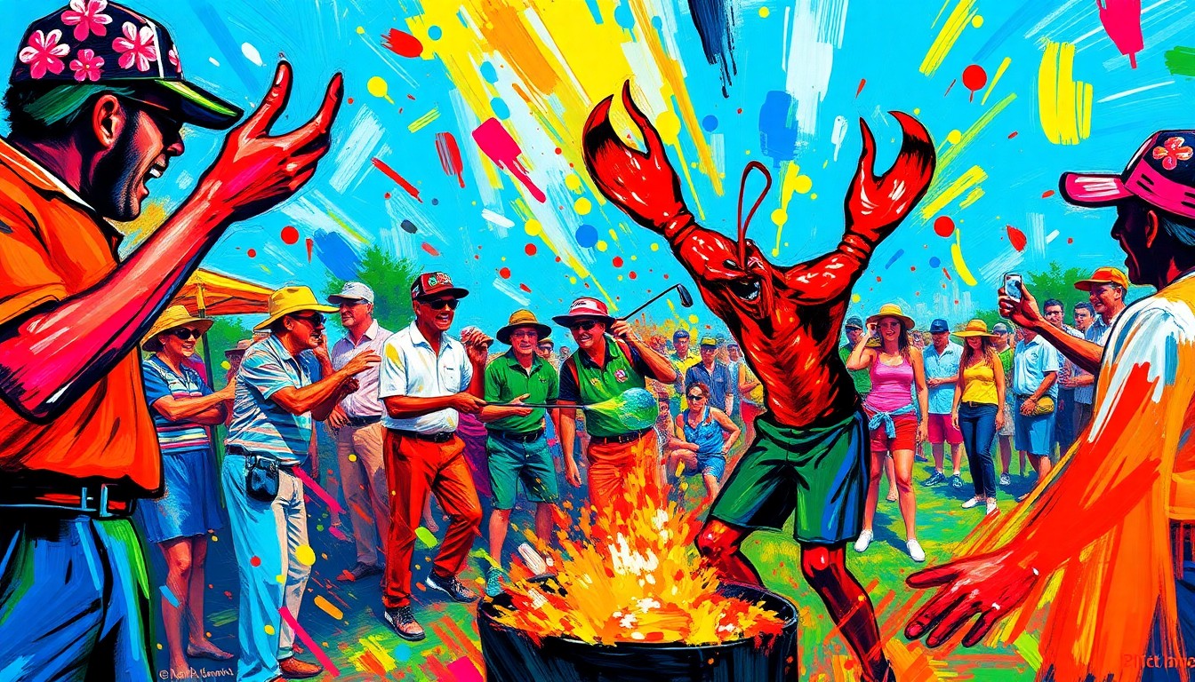 An abstract, energetic painting in neon colors depicting the lively atmosphere of a crawfish boil and golf tournament, with no discernible figures or text.