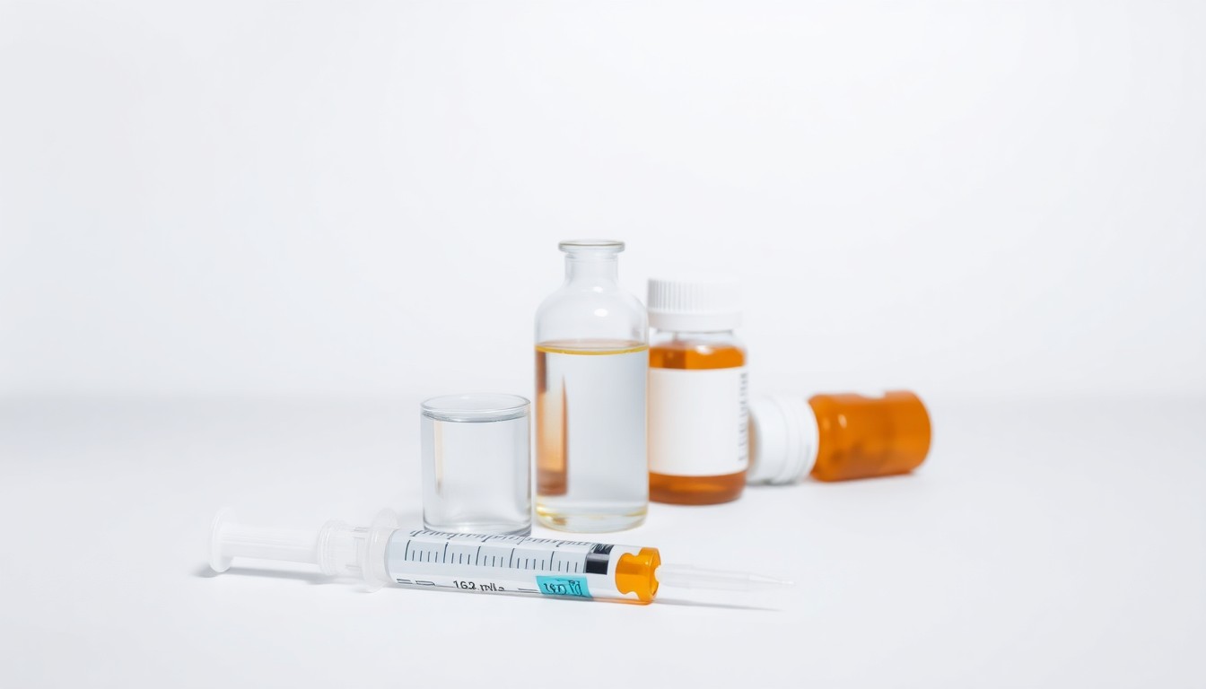 A photorealistic studio still life featuring a glass vial, syringe, and pill bottle, symbolizing the development of a new pharmaceutical treatment for obesity.