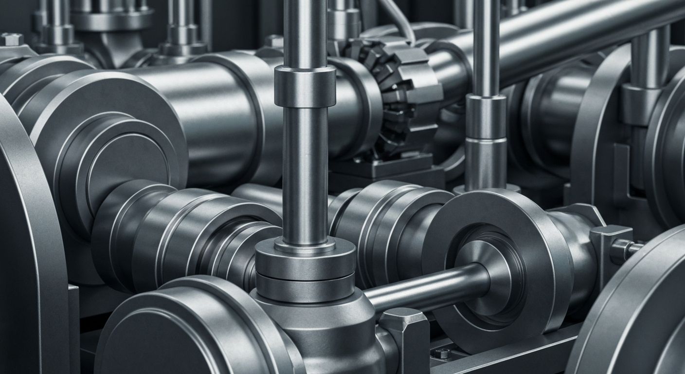 A close-up image of heavy, industrial metal machinery and equipment in shades of silver, steel, and gunmetal grey, conveying a sense of power, precision, and the physical backbone of the manufacturing economy.