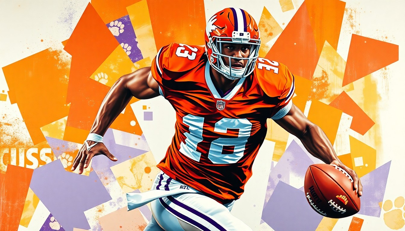 A cubist-style painting depicting a Clemson football player in action, with their uniform colors of orange and purple broken down into sharp, overlapping geometric shapes and planes.
