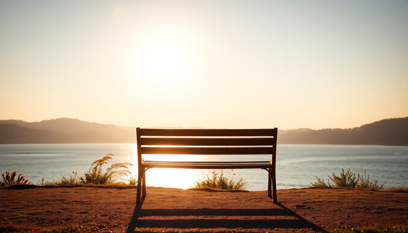 An extremely abstracted, out-of-focus photograph of a lone bench overlooking a serene bay, with the sun's golden rays casting a warm glow across the scene. The hills in the distance create a picturesque backdrop, evoking a sense of tranquility and reflection.