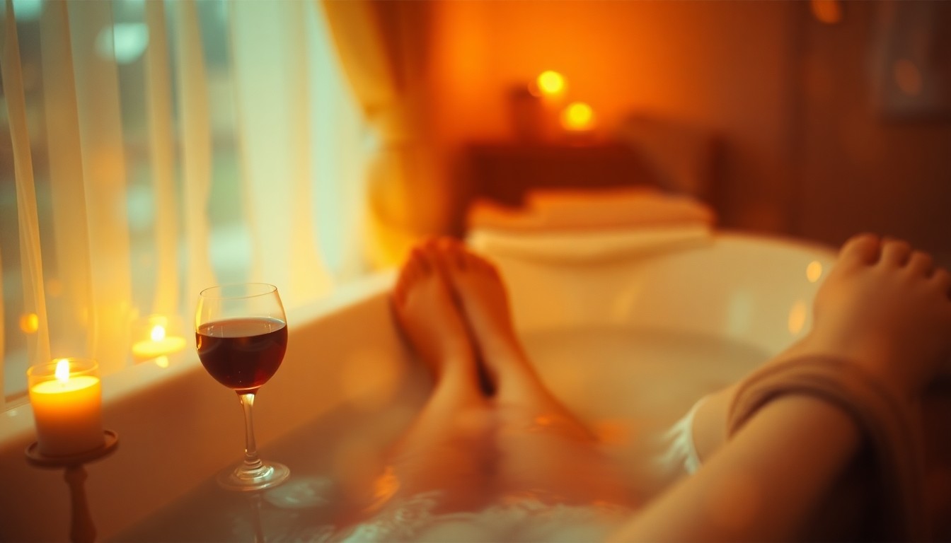 An abstract, impressionistic scene of blurred, warm-toned shapes and colors depicting the cozy, relaxing atmosphere of an at-home pedicure, with no identifiable objects or people.