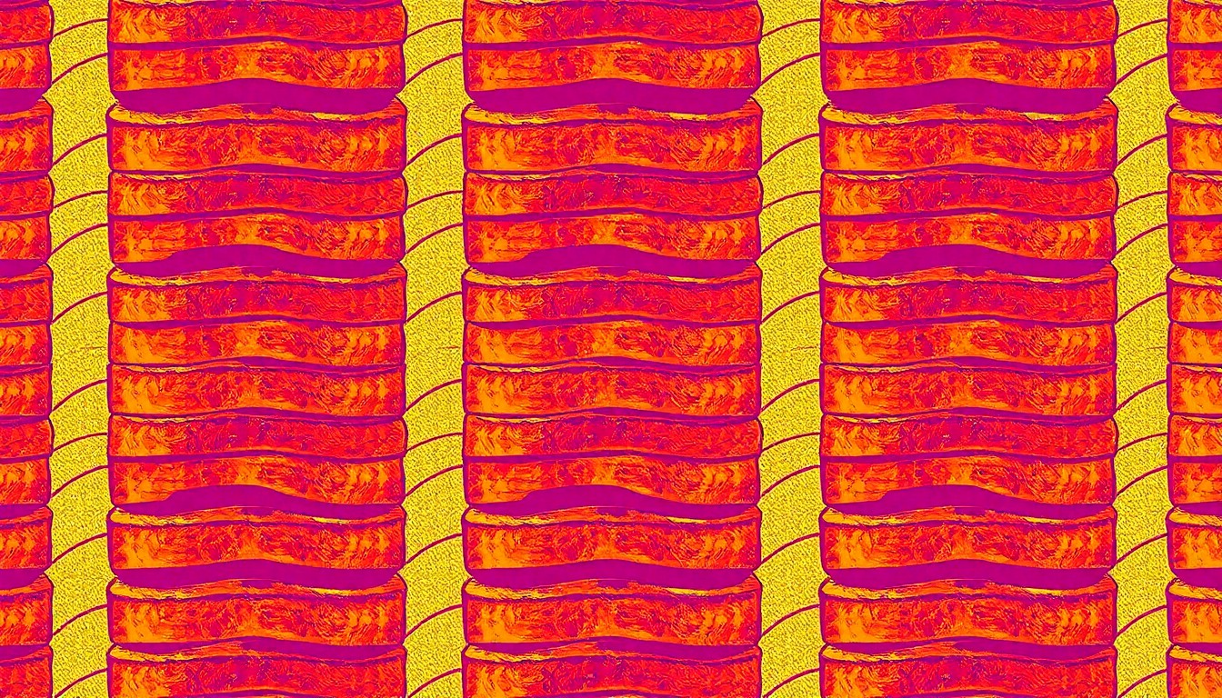 A brightly colored, high-contrast silkscreen print of a stack of sourdough French toast slices, repeated in a tight grid pattern, conceptually representing the vibrant and locally-focused brunch menu at Burl restaurant.