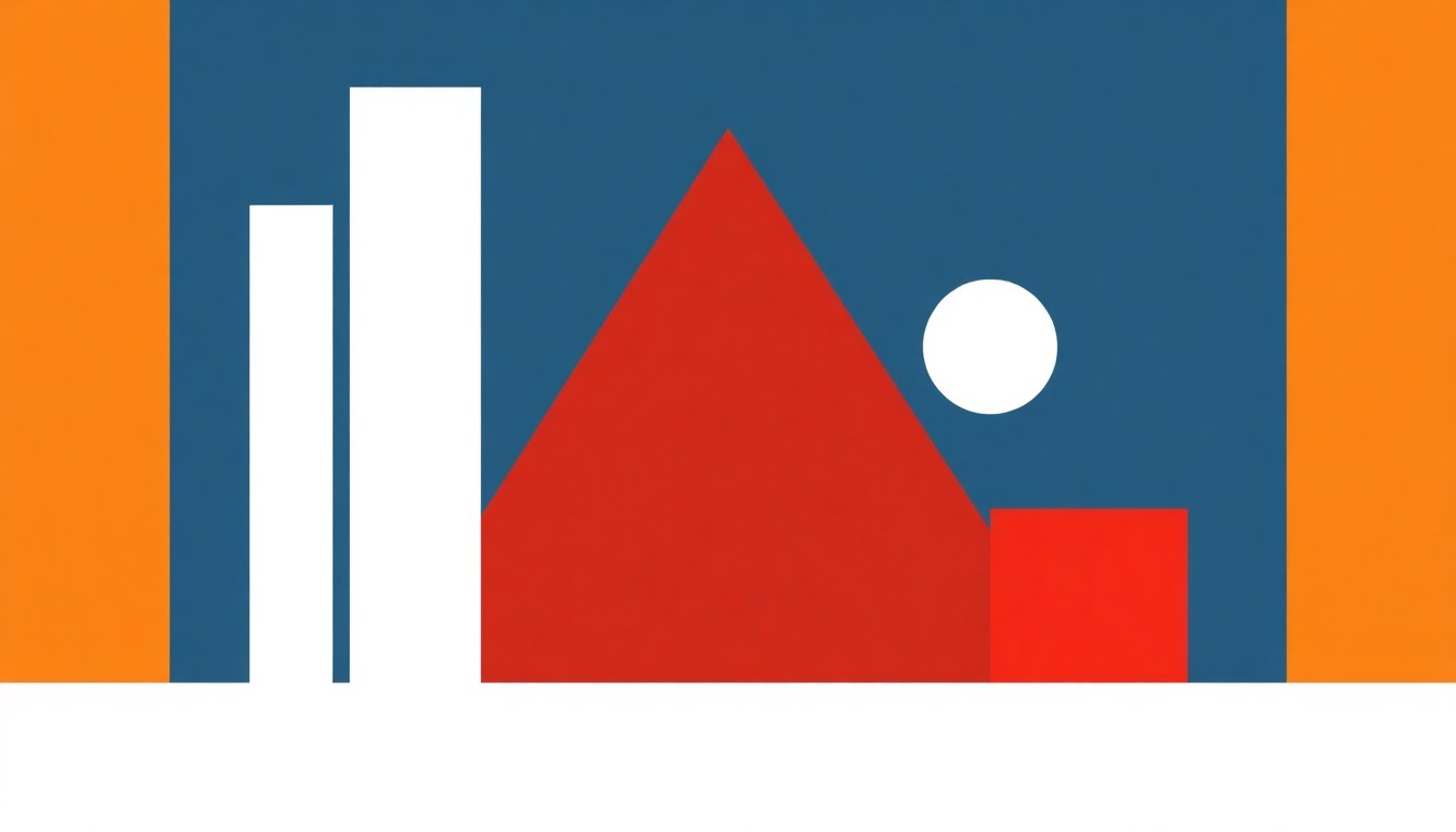A minimalist, geometric illustration in primary colors, with a central triangle shape in shades of red and orange representing the intersection of high inflation, high unemployment, and stagnant growth - the key components of stagflation.