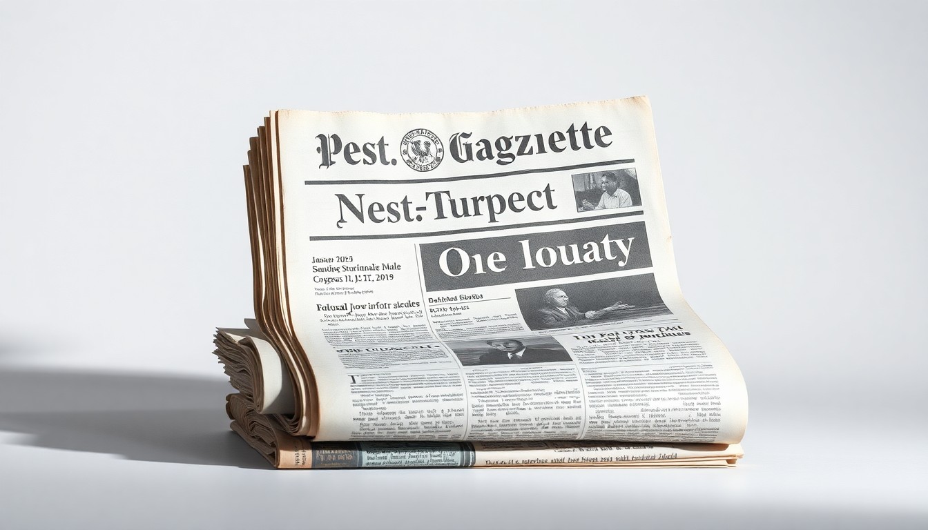 A high-end, photorealistic studio still-life photograph featuring a stack of old, worn newspapers with the Pittsburgh Post-Gazette masthead visible, set against a clean, monochromatic seamless background with dramatic lighting and deep shadows, conceptually representing the enduring value of community-focused news outlets.