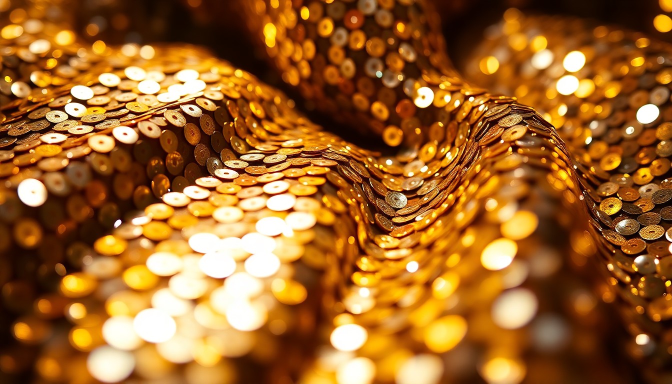 An extreme close-up photograph of shimmering gold and silver sequins, reflecting dramatic studio lighting to create a high-fashion, glamorous aesthetic that evokes the celebratory spirit of the Tribeca Festival's opening night event.
