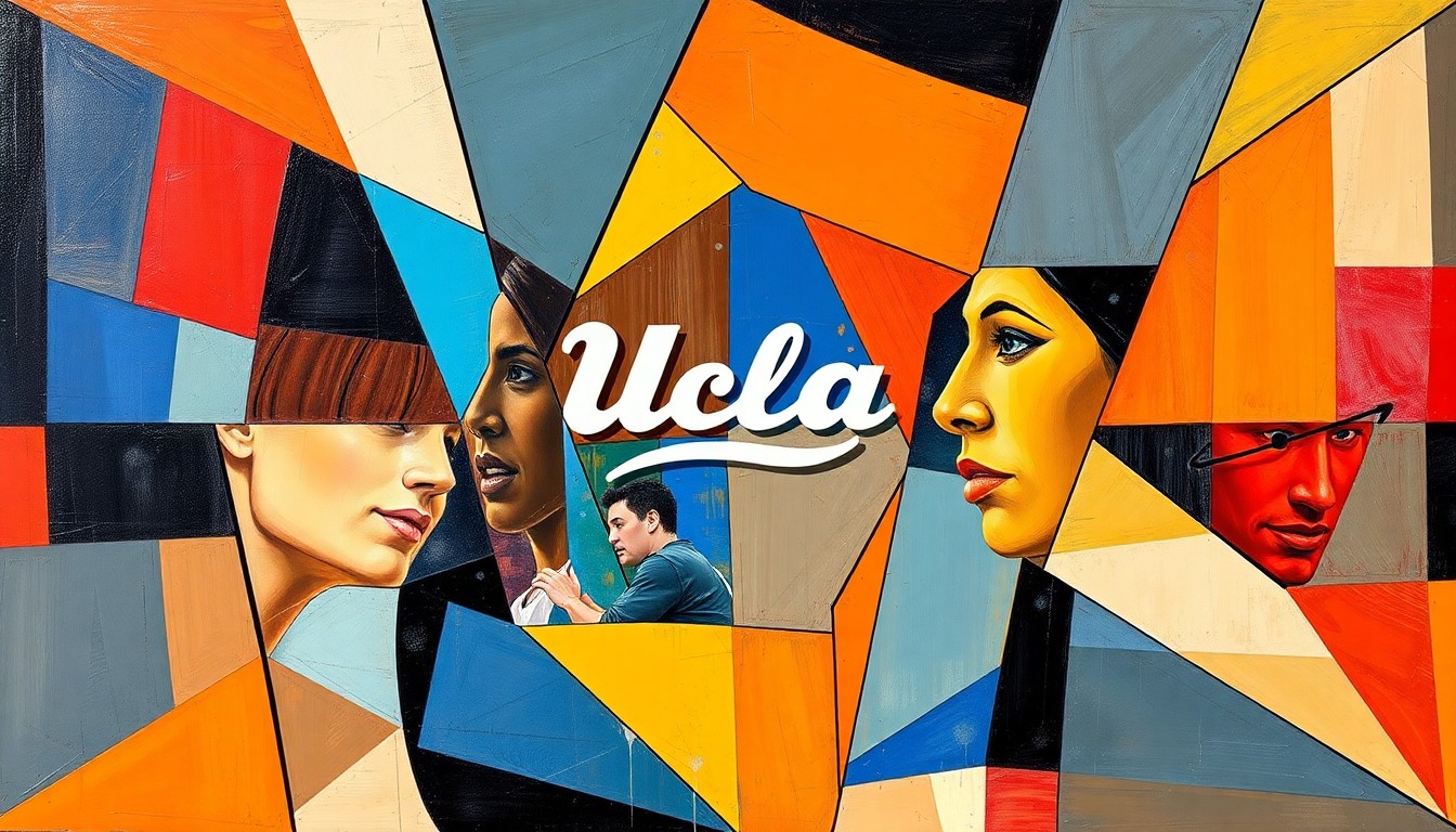 A cubist, geometric painting depicting overlapping, fragmented shapes and planes in vibrant colors, representing the energy and excitement of the 2026 WNBA draft and UCLA's record-setting performance.