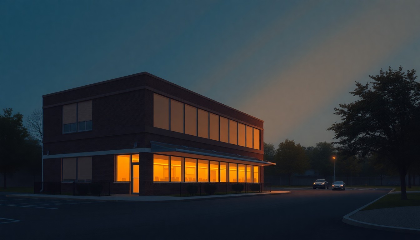 A serene, cinematic painting of a lone office building in Reston East, its facade bathed in warm, diagonal sunlight and deep shadows, capturing the area's contemplative mood as officials weigh its residential potential.