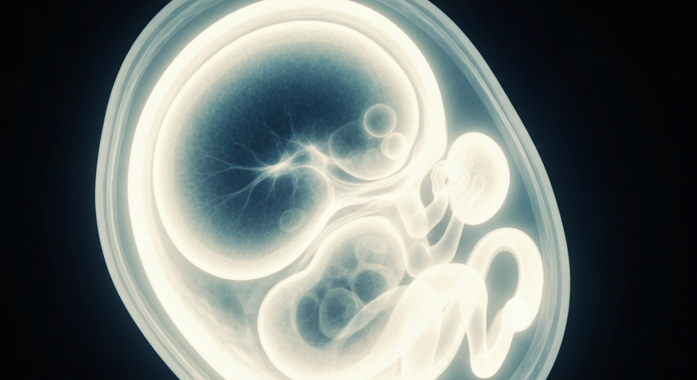 An extreme close-up X-ray photograph of a human embryo, its delicate structures and internal details glowing with a ghostly, ethereal luminescence against a dark background, conveying the fragility and wonder of new life.